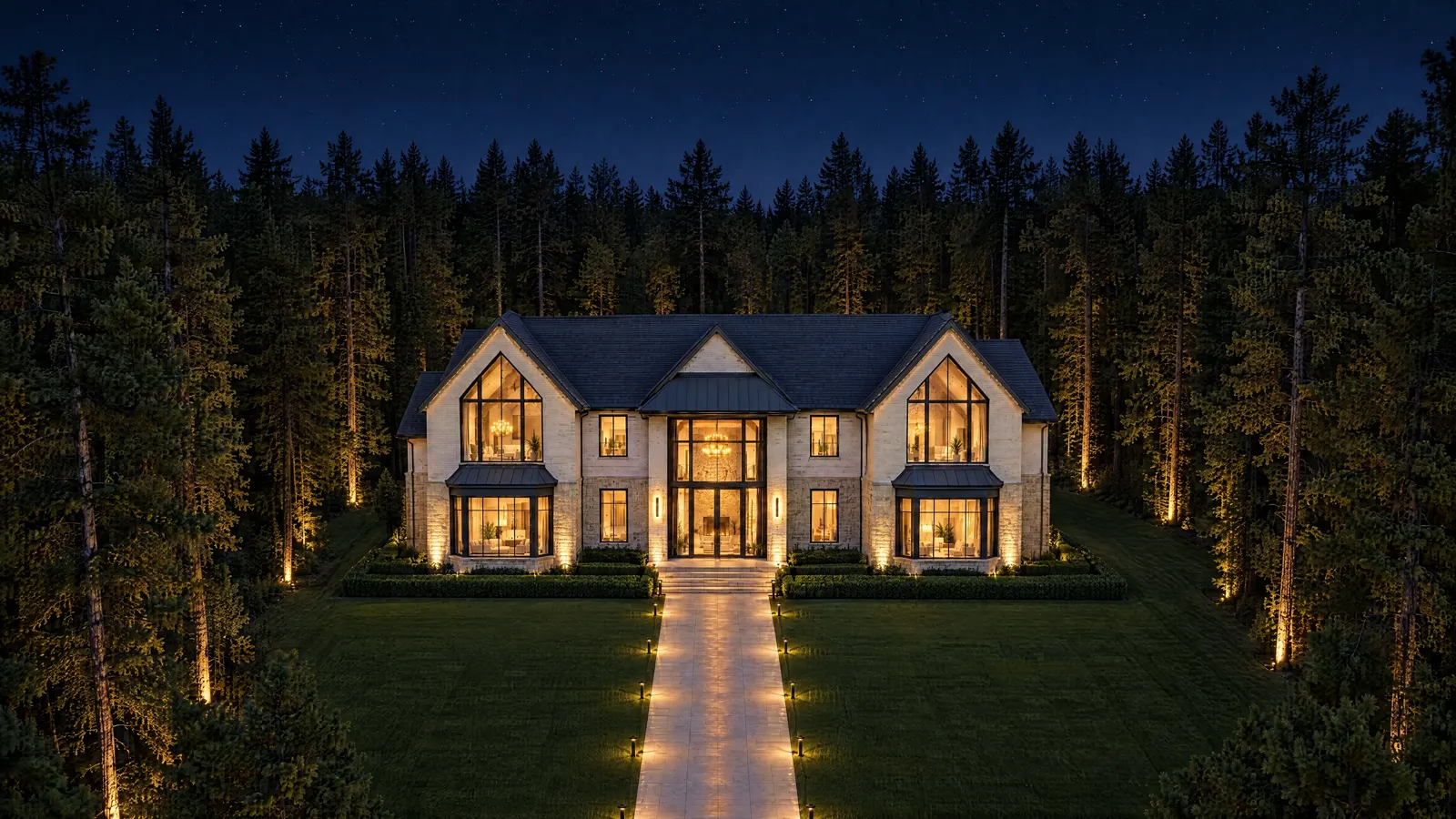 Aerial view of a custom home on a wooded rural lot at night