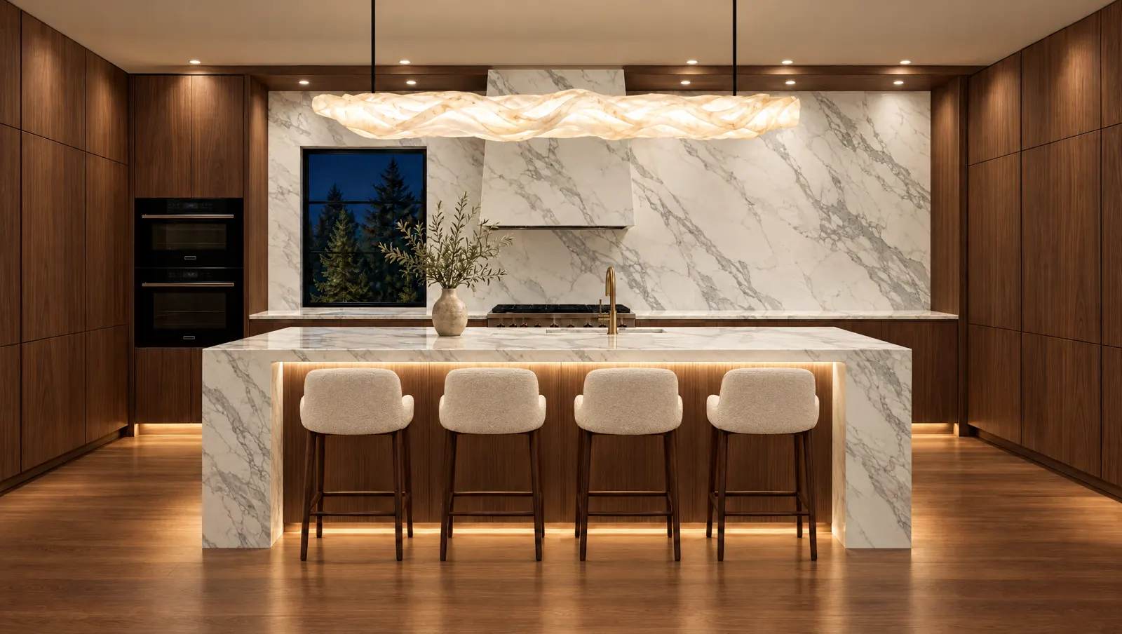 Kitchen with rift-cut walnut cabinets and a Calacatta marble waterfall island