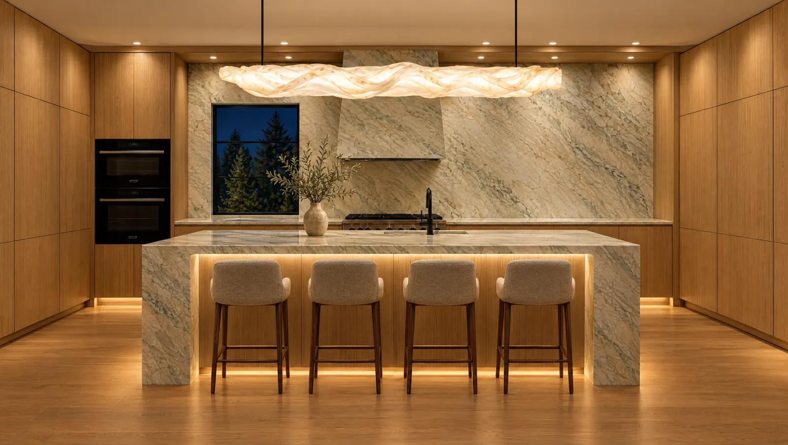 Custom kitchen with flat rift-cut white oak cabinets and a quartzite waterfall island