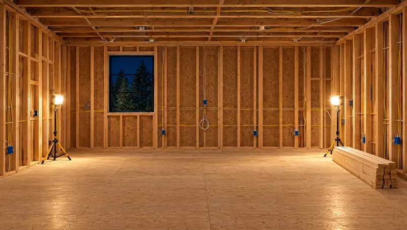 New wall framing and wiring in a home opened to the studs