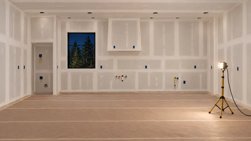 An interior at the drywall stage of a renovation