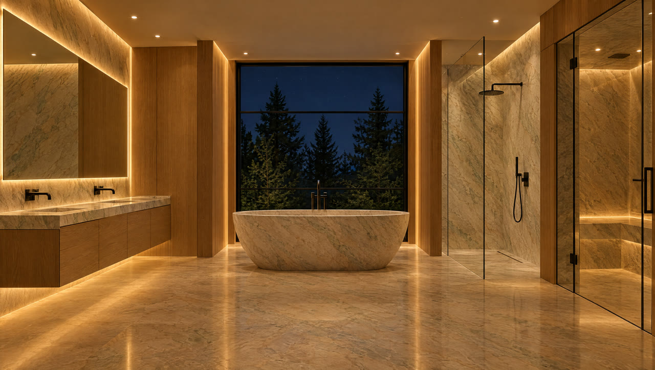 A primary ensuite with a stone tub, floating oak vanity and glass shower