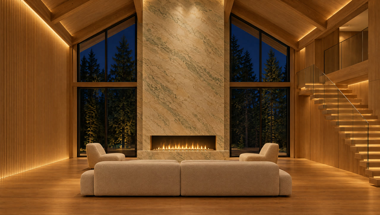 A renovated double-height living room with a stone fireplace wall